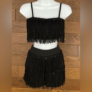 Black Fringe Crop Top and Shorts Set